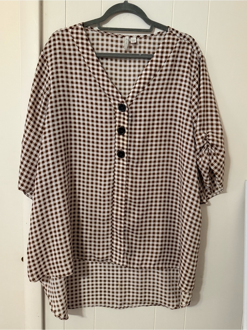 Brown & White Gingham V-Neck Button Tunic